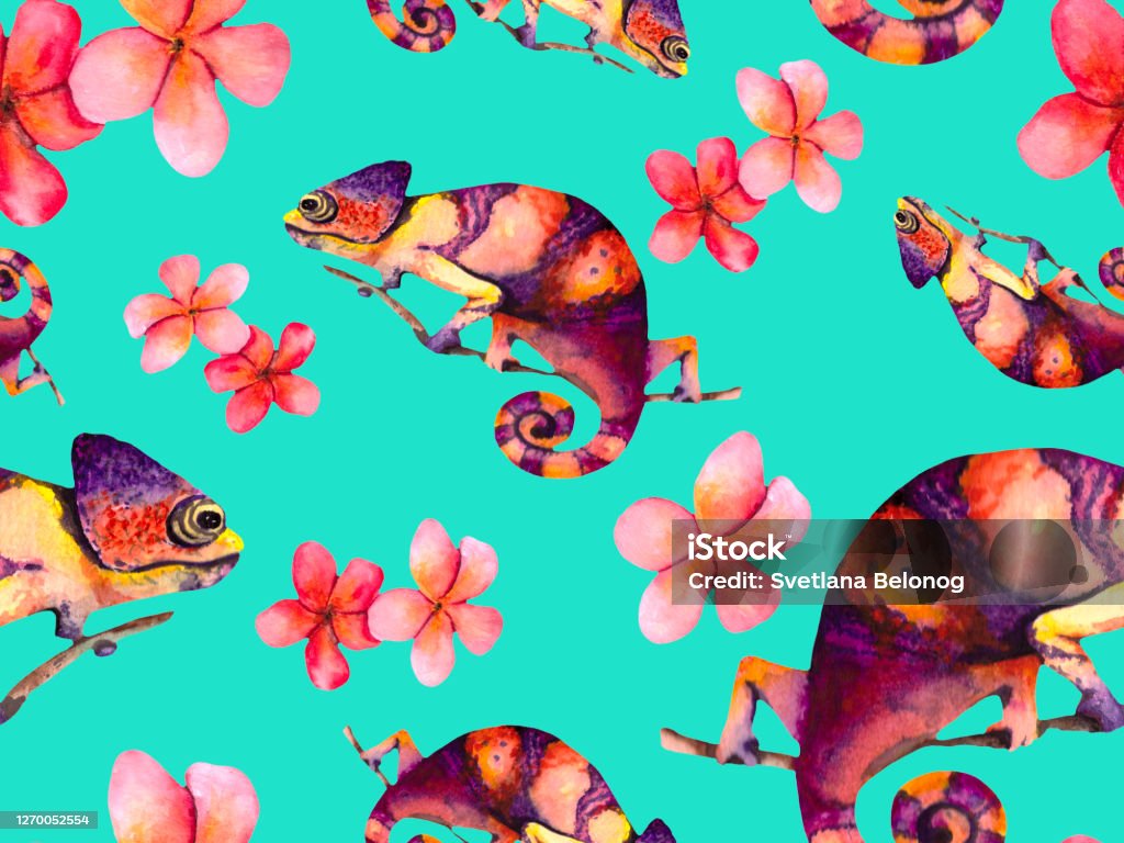 Ilustración de Patrón De Acuarela Con Camaleones Brillantes Y Delicadas Flores Rosadas Fondo Tropical Para Textiles Embalajes Fondos De Pantalla E Ideas De Diseño Originales y más Vectores Libres de Derechos de Ilustración de Patrón De Acuarela Con Camaleones Brillantes Y Delicadas Flores Rosadas Fondo Tropical Para Textiles Embalajes Fondos De Pantalla E Ideas De Diseño Originales y más Vectores Libres de Derechos de