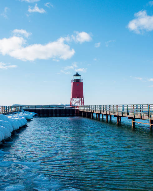 istock Charlevoix Michigans pier leading to its red lighthouse in winter 1270053830