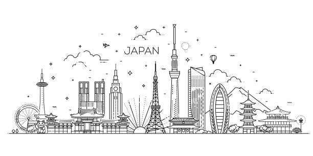 illustrazioni stock, clip art, cartoni animati e icone di tendenza di giappone icone vacanza set. icone vettoriali - tokyo prefecture japan skyline japanese culture