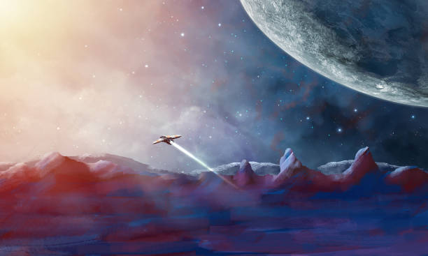 istock Space background. Spaceship fly on colorful sky with planet and mountain land 1270055720