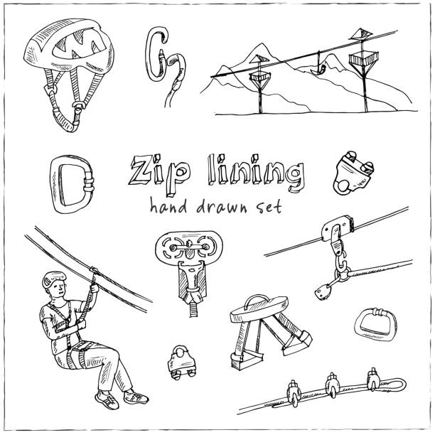 Zip line hand drawn doodle set. Vector illustration. Isolated elements. Symbol collection. Zip line hand drawn doodle set. Vector illustration. Isolated elements on white background. Symbol collection. zip line stock illustrations