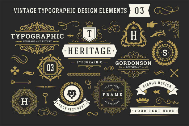vintage typografische dekorative ornament design elemente set vektor-illustration - vintage label stock-grafiken, -clipart, -cartoons und -symbole