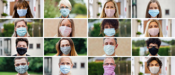 Image Montage of People Wearing Face Masks Image montage of a variety of close-up images of people looking at the camera while wearing masks. There are multiple types of masks, ethnicity's and ages. bandana photos stock pictures, royalty-free photos & images