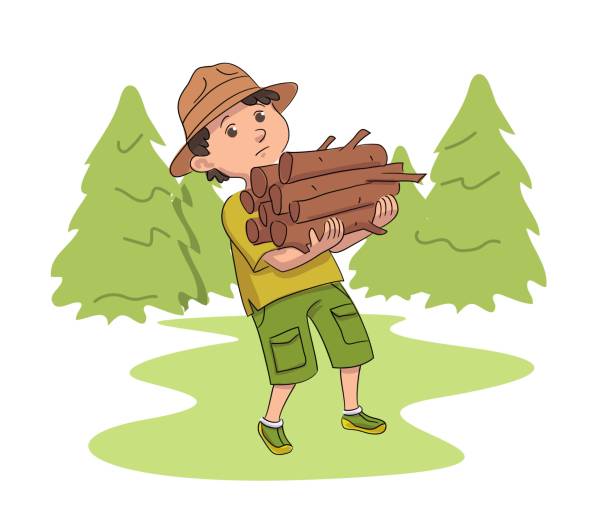 Kid on camping trip in forest. Little boy bringing firewood for firecamp. Outdoor adventure scene vector illustration. Cute school student on summer vacation. Preparing fire on campsite Kid on camping trip in forest. Little boy bringing firewood for firecamp. Outdoor adventure scene vector illustration. Cute school student on summer vacation. Preparing fire on campsite. field trip clip art stock illustrations