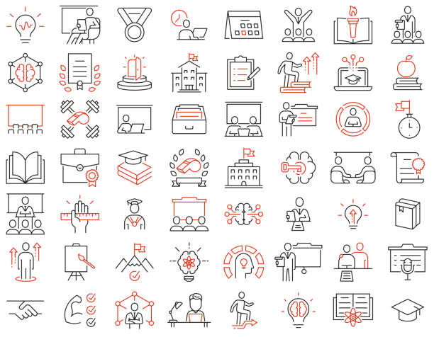 ilustrações de stock, clip art, desenhos animados e ícones de vector set of linear icons related to educational process, training, tutorship and remote online education.  mono line pictograms and infographics design elements - lifestyle sports and fitness