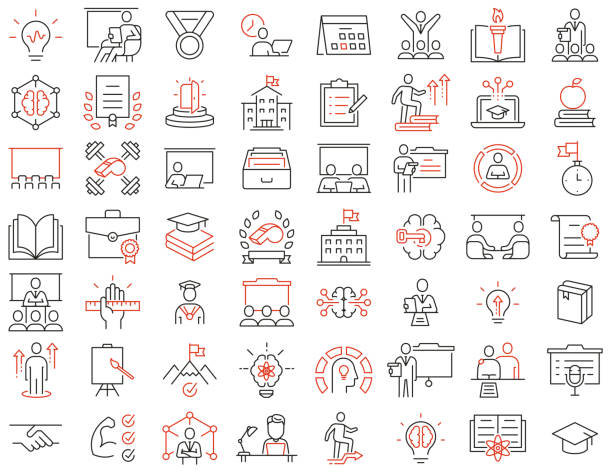 Vector Set of Linear Icons Related to Educational Process, Training, Tutorship and Remote Online Education.  Mono Line Pictograms and Infographics Design Elements Vector Set of Linear Icons Related to Educational Process, Training, Tutorship and Remote Online Education. Mono Line Pictograms and Infographics Design Elements lifestyle stock illustrations