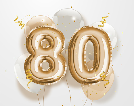 Happy 80th birthday gold foil balloon greeting background. 80 years anniversary logo template- 80th celebrating with confetti. Vector stock.