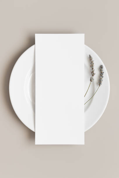 istock Menu card mockup with a lavender on a plate, 4x9 ratio. 1270059308