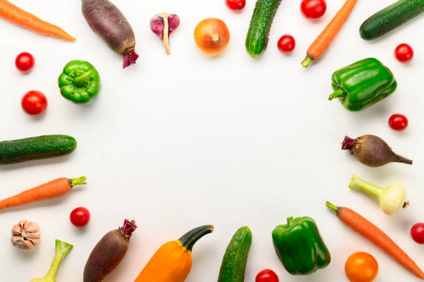 istock Eco food concept. Frame of various fresh vegetables on white background. 1270059393