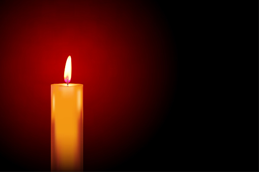 Vector illustration of one lit candle with wick burning and giving yellow flame over dar maroon background