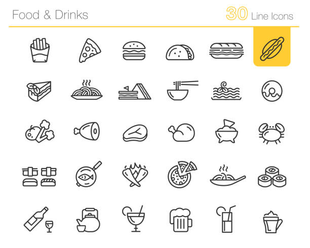 illustrazioni stock, clip art, cartoni animati e icone di tendenza di icone food & drinks // line premium - cucina