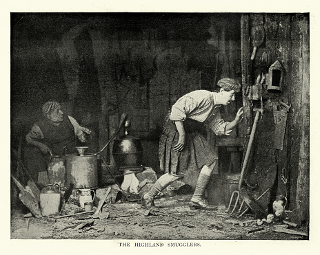 Vintage photograph by the early Scottish photographer Adam Diston, 1890s, 19th Century. The Highland smugglers making moonshine whiskey, 19th Century