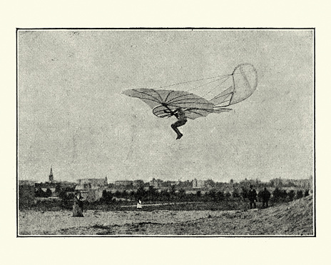 Vintage photograph of Otto Lilienthal's flying machine, glider, 1890s, 19th Century. Karl Wilhelm Otto Lilienthal (23 May 1848 – 10 August 1896) was a German pioneer of aviation who became known as the flying man. He was the first person to make well-documented, repeated, successful flights with gliders.