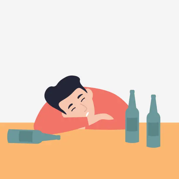 Vector illustration of person blackouts, man drinks beer at the bar