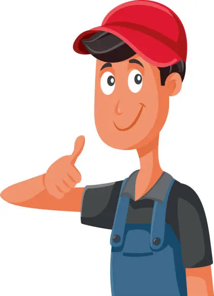 Vector illustration of Happy Worker in Uniform Holding Thumbs Up