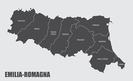 The Emilia-Romagna region map divided in provinces with labels, Italy