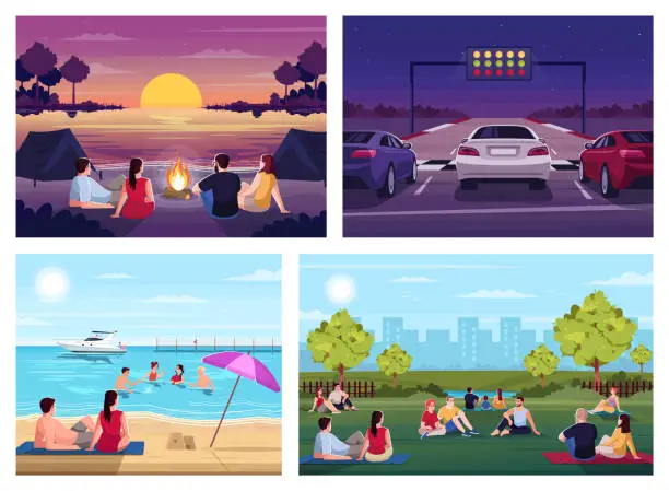 Vector illustration of Summer recreation semi flat vector illustration set