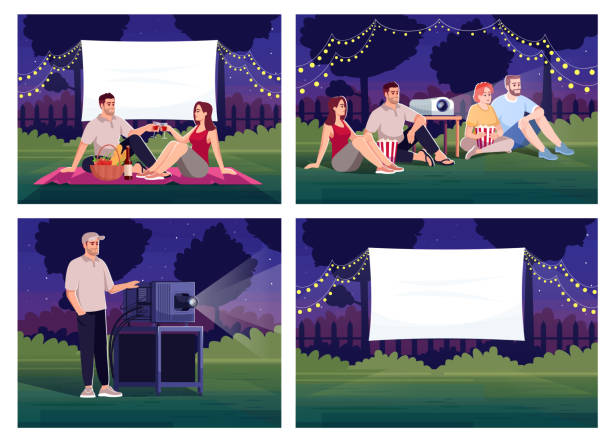 Outdoor home cinema semi flat vector illustration set Outdoor home cinema semi flat vector illustration set. Couple on romantic date. Projectionist with device. Film watching outside. Friends 2D cartoon characters for commercial use collection movie-theater-exterior stock illustrations