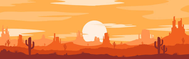 Sunset desert concept Vector illustration of sunset desert panoramic view with mountains and cactus in flat cartoon style. desert area stock illustrations