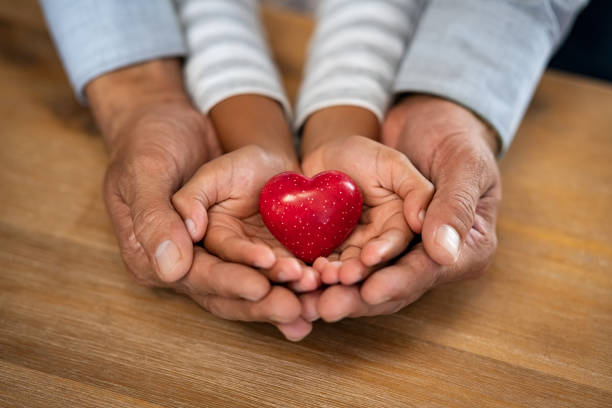 Man and child hand holding red heart stone Family holding small red heart in hands on wooden background. Top view of father and daughter hands protect heart. High angle view of indian man and little girl hands holding red heart: adoption foster family, hope, gratitude and insurance concept charitable foundation stock pictures, royalty-free photos & images