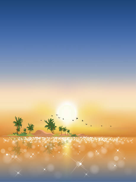 istock Vertical view Tropical seascape with sunset of blue ocean and coconut palm tree on island,Landscape Sea beach with pink, orange and blue sky,Vector illustration nature in seaside evening on Summer 1270068864