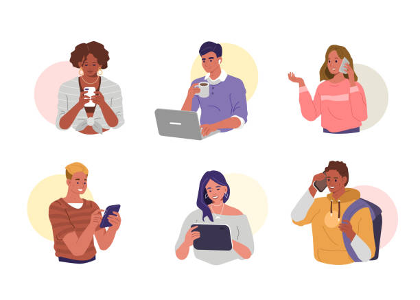 people with gadgets Young People using Smartphones, Laptops and Tablets for Chatting and Conversation. Happy Boys and Girls talking and typing on Phone. Female and Male Characters set. Flat Cartoon Vector Illustration. person on phone stock illustrations