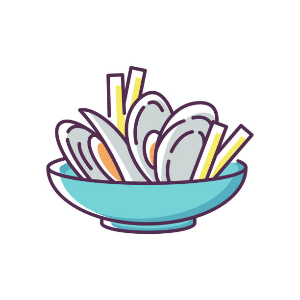Moules frites RGB color icon Moules frites RGB color icon. Traditional mussels and chips. French national meal. Brussel culinary. European cuisine recipe. Ingredient for cookery. French fries. Isolated vector illustration moules frites stock illustrations