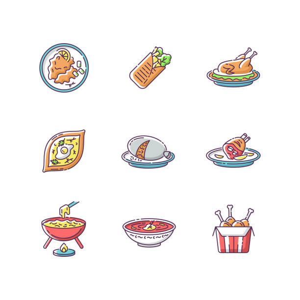 Cafe meals RGB color icons set Cafe meals RGB color icons set. Wrapped shawarma with meat and lettuce. Peking duck. Ukrainian borscht. Khachapuri recipe. Scottish haggis. Exotic dish. Fast food. Isolated vector illustrations cheese fondue stock illustrations