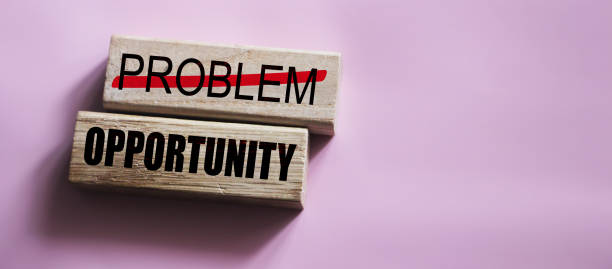 problem crossed out and opportunity on wooden blocks. business startup concept - missed chance imagens e fotografias de stock