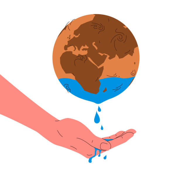 地球地球水資源。乾紅行星地球球體的向量概念圖示,代表枯竭、缺乏飲用水資源。水滴從地球落到手掌上。 - 旱災 ��幅插畫檔、美工圖案、卡通及圖標