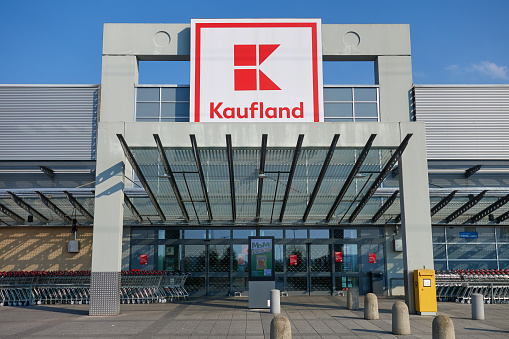 Amberg, Germany - August 9, 2020: Entrance of the Kaufland store in Amberg, Bavaria, Germany, Europe. Kaufland is a german hypermarket chain with headquarter in Neckarsulm, Germany. Logo on the facade.