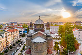 Aerial view at Cathedral in Burgas St. Cyril and Methodius Cathedral, Burgas (Bulgaria) during sunset - (Bulgarian: Катедрален храм 