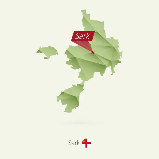 Vector illustration of Green gradient low poly map of Sark with capital Sark