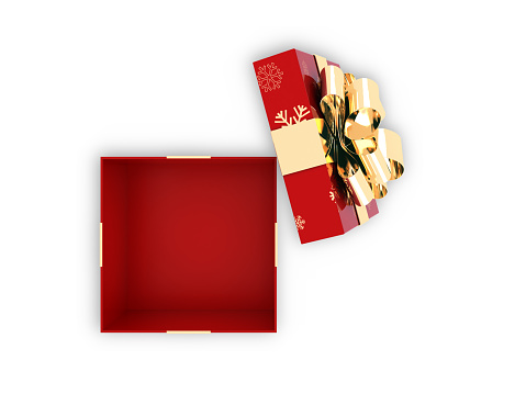 Red Merry Christmas and Happy New Year 2023. Red gift box, golden ball and Christmas decoration in the red and green room background, Winter holiday banner greeting card, poster and product presentation. 3D illustration