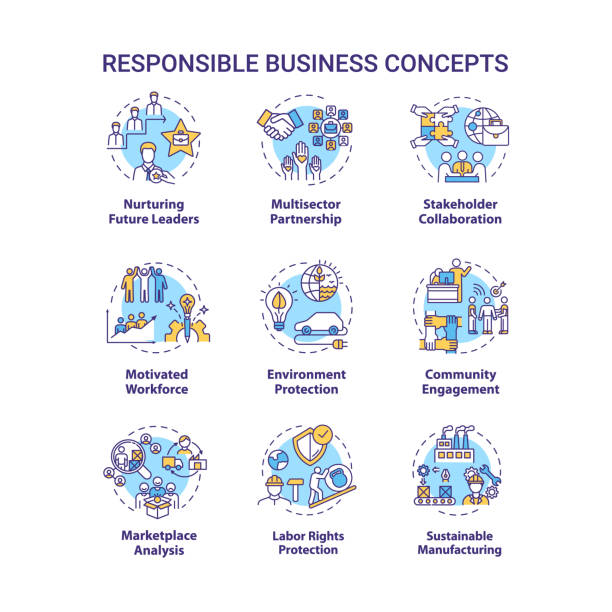 ilustraciones, imágenes clip art, dibujos animados e iconos de stock de conjunto de iconos de concepto de negocio responsable - environment responsibility gear resource