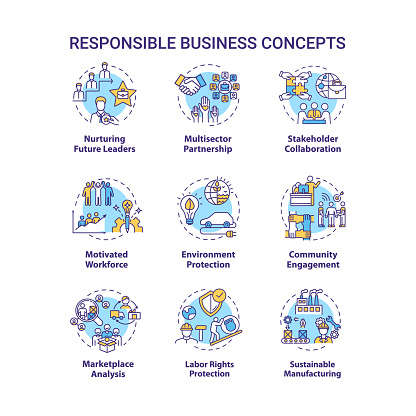 Responsible business concept icons set. Nurture future leader. Environment protection. Sustainable development idea thin line RGB color illustrations. Vector isolated outline drawings. Editable stroke