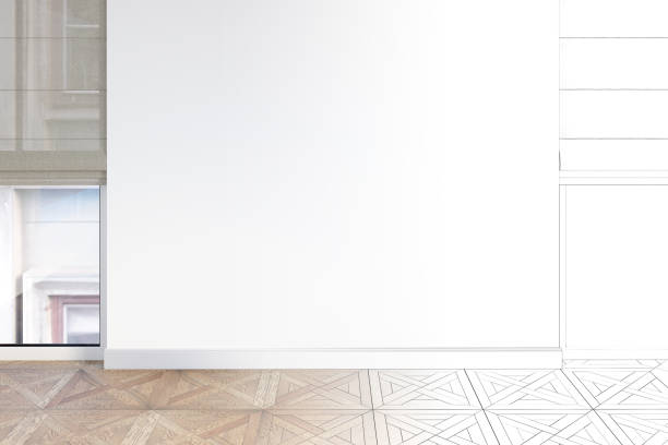 istock The sketch becomes a real empty interior with a parquet floor and a white wall between two large windows with beige roman shades. Front view. 1270076517