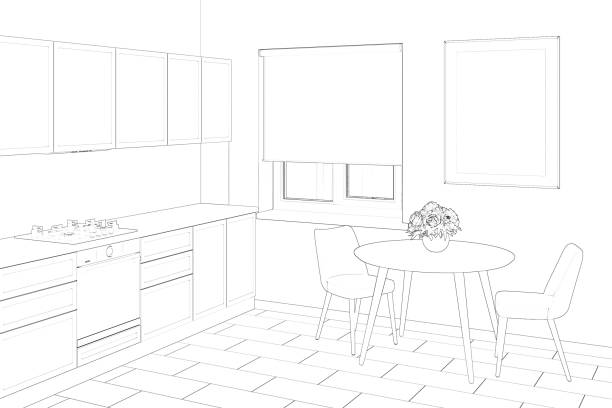 istock Sketch of the kitchen interior with a window with blinds between a round table with two chairs and kitchen cabinets. There is a vertical poster on the wall above the table. 1270076632