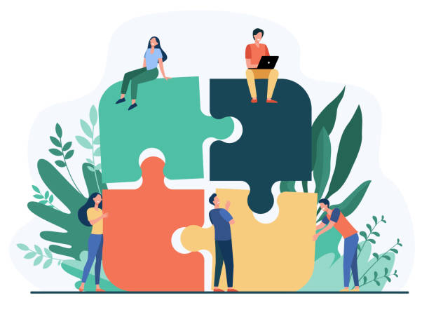 Business team putting together jigsaw puzzle Business team putting together jigsaw puzzle isolated flat vector illustration. Cartoon partners working in connection. Teamwork, partnership and cooperation concept puzzle designs stock illustrations