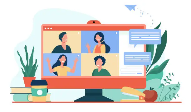 Vector illustration of Desktop with virtual meeting or videoconference