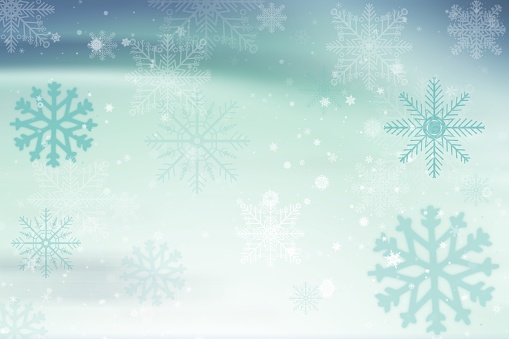 Blue green abstract Christmas background with snowflakes white bokeh stars blurred beautiful shiny light, use for card new year wallpaper backdrop