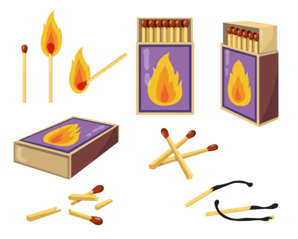 Matches and matchboxes flat illustration set Matches and matchboxes flat illustration set. Cartoon burnt matchsticks with fire and opened boxes for wood matches isolated vector illustration collection. Heat and design concept grand singe stock illustrations