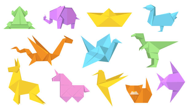 ilustrações, clipart, desenhos animados e ícones de conjunto de ilustração plana de animais de origami japonês - painted image traditional culture art dragon