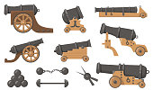 Medieval cannons with cannonballs flat illustration set
