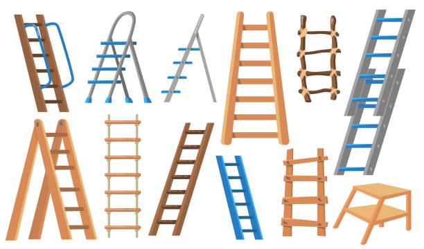 Metal and wooden ladders flat clip illustration art set Metal and wooden ladders flat illustration set. Cartoon stepladders for builders and painters on white background isolated vector illustration collection. Construction and livestock farming concept group of people people recreational pursuit climbing stock illustrations