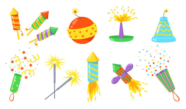 Colorful firecrackers flat illustration set Colorful firecrackers flat illustration set. Cartoon bombs, rockets and crackers with fuses isolated vector illustration collection. Fireworks for holiday and celebration concept electrical fuse stock illustrations