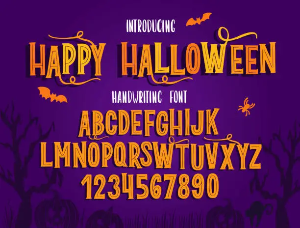 Vector illustration of Halloween font. Typography alphabet with colorful spooky and horror illustrations.