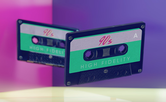 90's mixed tape. 3d rendered two audio cassettes with 90's pastel-colored style close-up render. Synthwave style
