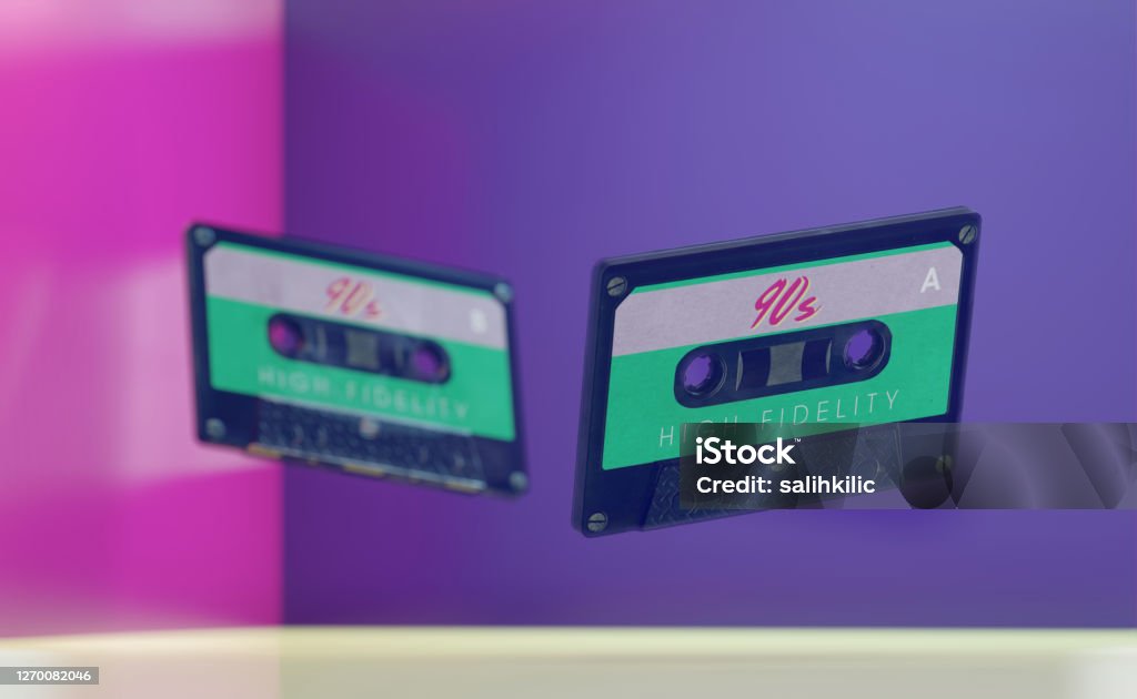 90's mixed tape 90's mixed tape. 3d rendered two audio cassettes with 90's pastel-colored style. Synthwave style Music Stock Photo