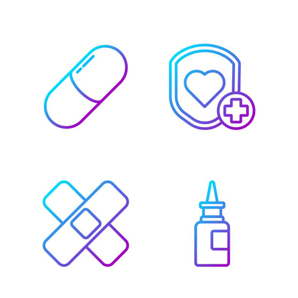 ilustrações de stock, clip art, desenhos animados e ícones de set line bottle nasal spray, crossed bandage plaster, medicine p - vitamin capsule